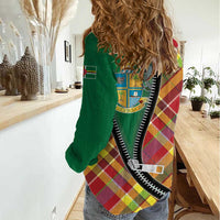 Dominica Creole Day Women Casual Shirt Madras Pattern Zipper Stylized - Wonder Print Shop