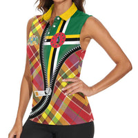 Dominica Creole Day Women Sleeveless Polo Shirt Madras Pattern Zipper Stylized - Wonder Print Shop