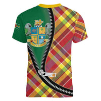Dominica Creole Day Women V-Neck T-Shirt Madras Pattern Zipper Stylized - Wonder Print Shop