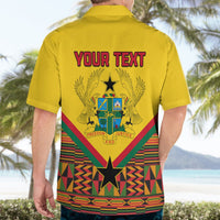 Yellow Hawaiian shirt back with YOUR TEXT graphic, wings, shield, and large star