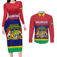 Mauritius Independence Day Couples Matching Long Sleeve Bodycon Dress and Long Sleeve Button Shirt Stella Clavisque Maris Indici Foral Pattern - Wonder Print Shop