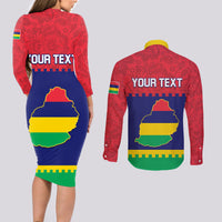 Mauritius Independence Day Couples Matching Long Sleeve Bodycon Dress and Long Sleeve Button Shirt Stella Clavisque Maris Indici Foral Pattern - Wonder Print Shop