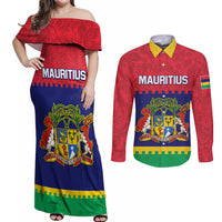 Mauritius Independence Day Couples Matching Off Shoulder Maxi Dress and Long Sleeve Button Shirt Stella Clavisque Maris Indici Foral Pattern - Wonder Print Shop