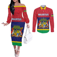 Mauritius Independence Day Couples Matching Off The Shoulder Long Sleeve Dress and Long Sleeve Button Shirt Stella Clavisque Maris Indici Foral Pattern
