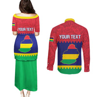 Mauritius Independence Day Couples Matching Puletasi and Long Sleeve Button Shirt Stella Clavisque Maris Indici Foral Pattern - Wonder Print Shop