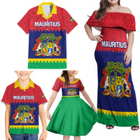 Mauritius Independence Day Family Matching Off Shoulder Maxi Dress and Hawaiian Shirt Stella Clavisque Maris Indici Foral Pattern - Wonder Print Shop