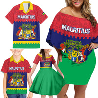 Mauritius Independence Day Family Matching Off Shoulder Short Dress and Hawaiian Shirt Stella Clavisque Maris Indici Foral Pattern - Wonder Print Shop