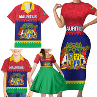 Mauritius Independence Day Family Matching Short Sleeve Bodycon Dress and Hawaiian Shirt Stella Clavisque Maris Indici Foral Pattern - Wonder Print Shop