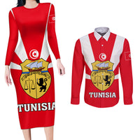Tunisia Independence Day Couples Matching Long Sleeve Bodycon Dress and Long Sleeve Button Shirt Coat Of Arms Flag Style - Wonder Print Shop