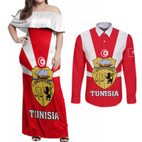 Tunisia Independence Day Couples Matching Off Shoulder Maxi Dress and Long Sleeve Button Shirt Coat Of Arms Flag Style - Wonder Print Shop