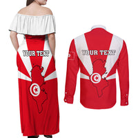 Tunisia Independence Day Couples Matching Off Shoulder Maxi Dress and Long Sleeve Button Shirt Coat Of Arms Flag Style - Wonder Print Shop