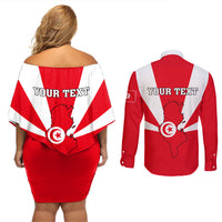 Tunisia Independence Day Couples Matching Off Shoulder Short Dress and Long Sleeve Button Shirt Coat Of Arms Flag Style - Wonder Print Shop