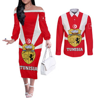 Tunisia Independence Day Couples Matching Off The Shoulder Long Sleeve Dress and Long Sleeve Button Shirt Coat Of Arms Flag Style