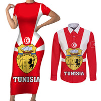 Tunisia Independence Day Couples Matching Short Sleeve Bodycon Dress and Long Sleeve Button Shirt Coat Of Arms Flag Style - Wonder Print Shop