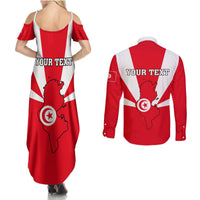 Tunisia Independence Day Couples Matching Summer Maxi Dress and Long Sleeve Button Shirt Coat Of Arms Flag Style - Wonder Print Shop