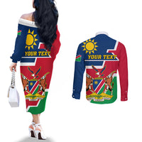 Namibia Independence Day Couples Matching Off The Shoulder Long Sleeve Dress and Long Sleeve Button Shirt Coat Of Arms Unique Style