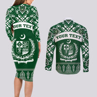 Pakistan Day Couples Matching Long Sleeve Bodycon Dress and Long Sleeve Button Shirt Coat Of Arms Mix Islamic Pattern - Wonder Print Shop