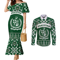 Pakistan Day Couples Matching Mermaid Dress and Long Sleeve Button Shirt Coat Of Arms Mix Islamic Pattern