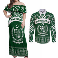 Pakistan Day Couples Matching Off Shoulder Maxi Dress and Long Sleeve Button Shirt Coat Of Arms Mix Islamic Pattern - Wonder Print Shop