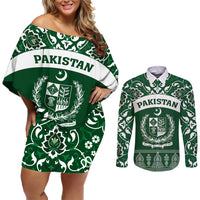 Pakistan Day Couples Matching Off Shoulder Short Dress and Long Sleeve Button Shirt Coat Of Arms Mix Islamic Pattern - Wonder Print Shop