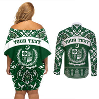 Pakistan Day Couples Matching Off Shoulder Short Dress and Long Sleeve Button Shirt Coat Of Arms Mix Islamic Pattern - Wonder Print Shop