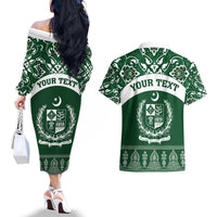Pakistan Day Couples Matching Off The Shoulder Long Sleeve Dress and Hawaiian Shirt Coat Of Arms Mix Islamic Pattern - Wonder Print Shop