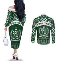 Pakistan Day Couples Matching Off The Shoulder Long Sleeve Dress and Long Sleeve Button Shirt Coat Of Arms Mix Islamic Pattern