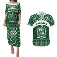 Pakistan Day Couples Matching Puletasi and Hawaiian Shirt Coat Of Arms Mix Islamic Pattern - Wonder Print Shop