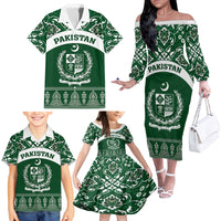 Pakistan Day Family Matching Off Shoulder Long Sleeve Dress and Hawaiian Shirt Coat Of Arms Mix Islamic Pattern - Wonder Print Shop
