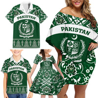 Pakistan Day Family Matching Off Shoulder Short Dress and Hawaiian Shirt Coat Of Arms Mix Islamic Pattern - Wonder Print Shop