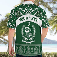 Green Hawaiian shirt back with YOUR TEXT banner, crescent crest, and ornate bottom border
