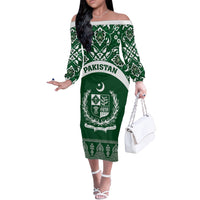 Pakistan Day Off The Shoulder Long Sleeve Dress Coat Of Arms Mix Islamic Pattern - Wonder Print Shop