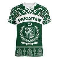 Pakistan Day Women V Neck T Shirt Coat Of Arms Mix Islamic Pattern - Wonder Print Shop
