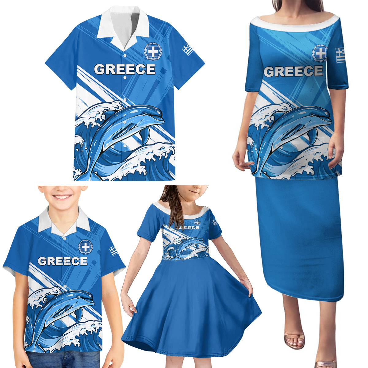 Greece Independence Day Family Matching Puletasi and Hawaiian Shirt Eleftheria i Thanatos Dolphin Jumping