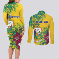 Personalized Saint Vincent and the Grenadines Couples Matching Long Sleeve Bodycon Dress and Long Sleeve Button Shirt Stylized Peacock Feather Royal