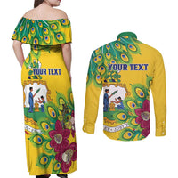 Personalized Saint Vincent and the Grenadines Couples Matching Off Shoulder Maxi Dress and Long Sleeve Button Shirt Stylized Peacock Feather Royal