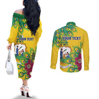 Personalized Saint Vincent and the Grenadines Couples Matching Off The Shoulder Long Sleeve Dress and Long Sleeve Button Shirt Stylized Peacock Feather Royal