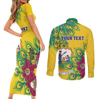 Personalized Saint Vincent and the Grenadines Couples Matching Short Sleeve Bodycon Dress and Long Sleeve Button Shirt Stylized Peacock Feather Royal