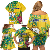 Personalized Saint Vincent and the Grenadines Family Matching Off Shoulder Short Dress and Hawaiian Shirt Stylized Peacock Feather Royal