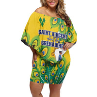 Personalized Saint Vincent and the Grenadines Family Matching Off Shoulder Short Dress and Hawaiian Shirt Stylized Peacock Feather Royal