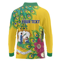 Personalized Saint Vincent and the Grenadines Long Sleeve Polo Shirt Stylized Peacock Feather Royal