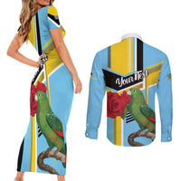 Personalized Saint Lucia Couples Matching Short Sleeve Bodycon Dress and Long Sleeve Button Shirt Jacquot Parrot Rosie Floral