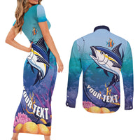Tuna Fishing Couples Matching Short Sleeve Bodycon Dress and Long Sleeve Button Shirt Tuna Fish With Marine Life - Wonder Print Shop