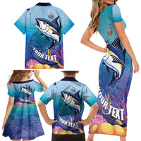 Tuna Fishing Family Matching Short Sleeve Bodycon Dress and Hawaiian Shirt Tuna Fish With Marine Life - Wonder Print Shop