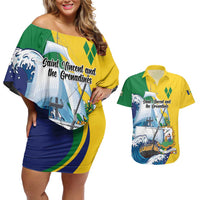 Personalized Saint Vincent and the Grenadines Sailing Couples Matching Off Shoulder Short Dress and Hawaiian Shirt Caribbean Sailing
