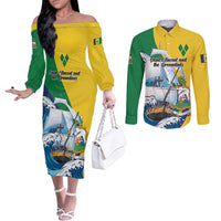Personalized Saint Vincent and the Grenadines Sailing Couples Matching Off The Shoulder Long Sleeve Dress and Long Sleeve Button Shirt Caribbean Sailing