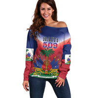 Personalized Haiti 509 Off Shoulder Sweater Repiblik d Ayiti
