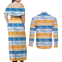 Anguilla Dolphins Pattern Couples Matching Off Shoulder Maxi Dress and Long Sleeve Button Shirt Orange And Blue