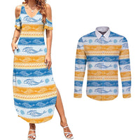 Anguilla Dolphins Pattern Couples Matching Summer Maxi Dress and Long Sleeve Button Shirt Orange And Blue