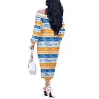 Anguilla Dolphins Pattern Off The Shoulder Long Sleeve Dress Orange And Blue